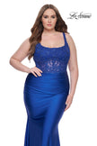 Picture of: Ruched Jersey Plus Dress with Illusion Lace Bodice and Tie Back in Royal Blue, Style: 31273, Detail Picture 3