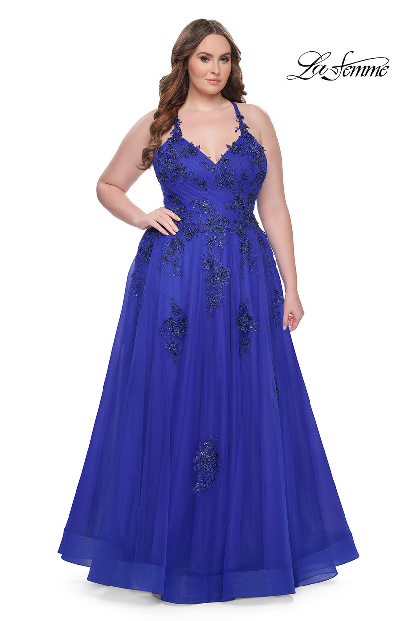 Picture of: A-Line Tulle Plus Dress with Lace Applique and Tie Back in Royal Blue, Style: 31378, Detail Picture 3