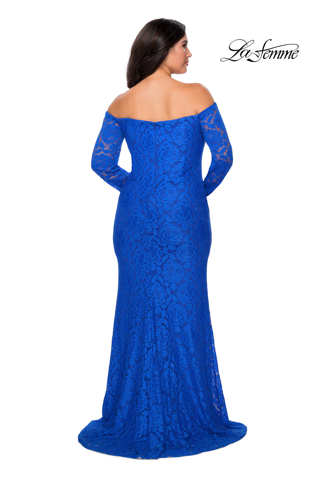 Picture of: Long Sleeve Off The Shoulder Lace Plus Size Dress in Royal Blue, Style: 28859, Detail Picture 4