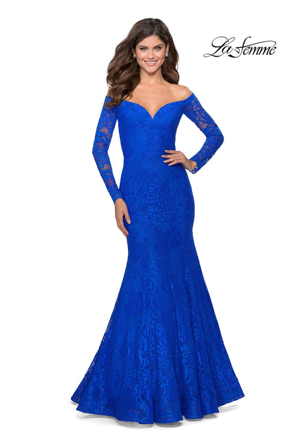 Picture of: Off the Shoulder Lace Long Sleeve Prom Dress in Royal Blue, Style: 28569, Main Picture