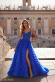Picture of: Ruffle Tulle Prom Gown with Illusion Lace Bodice and High Slit in Royal Blue, Style: 32128, Main Picture