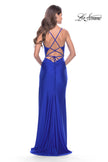 Picture of: Fringe Beaded Slit Jersey Gown with Lace Up Back in Royal Blue, Style: 31326, Detail Picture 8