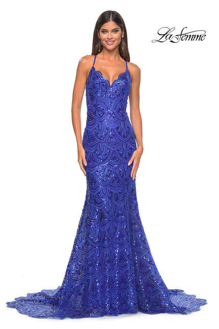 Picture of: Print Sequin Mermaid Dress with Lace Up Back in Royal Blue, Style: 31865, Detail Picture 8
