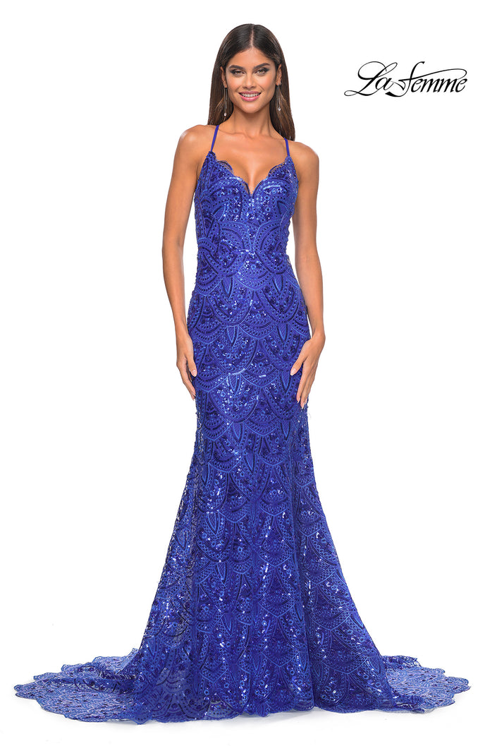 Picture of: Print Sequin Mermaid Dress with Lace Up Back in Royal Blue, Style: 31865, Detail Picture 8