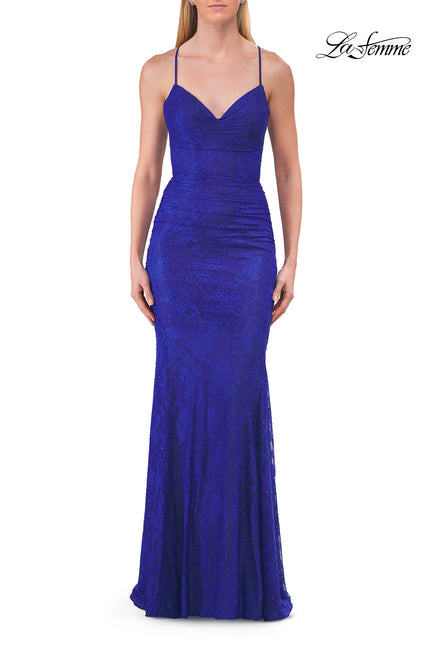 Picture of: Rhinestone Lace Gown with Crisscross Open Back in Royal Blue, Style: 33733, Detail Picture 8