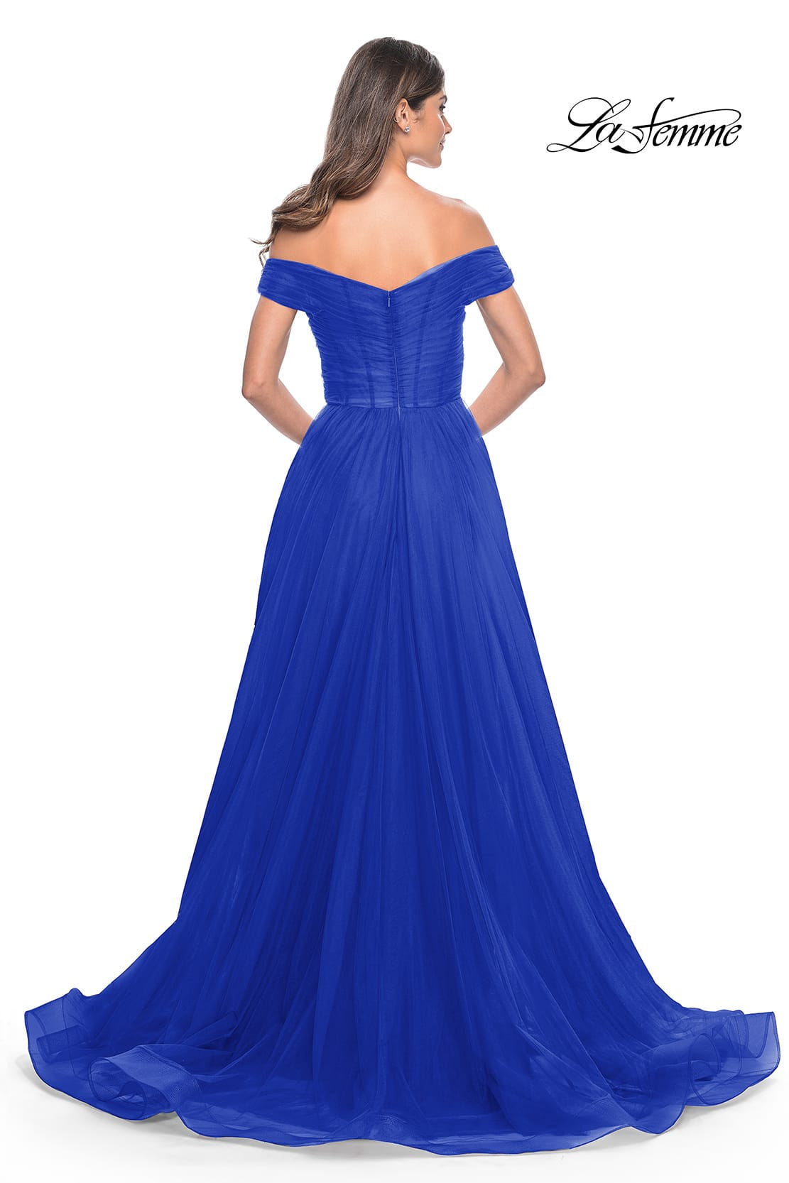 Picture of: A-Line Tulle Prom Dress with Off the Shoulder Top in Royal Blue, Style: 30498, Detail Picture 9