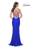 Picture of: Fitted Long Jersey Prom Dress with Ruching and Lace Up Back in Royal Blue, Style: 31618, Detail Picture 9