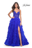 Picture of: Ruffle Tulle Prom Gown with Illusion Lace Bodice and High Slit in Royal Blue, Style: 32128, Detail Picture 9