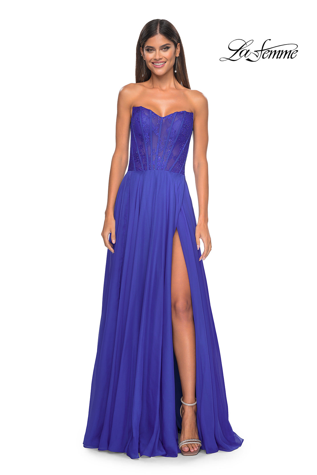 Picture of: Strapless Chiffon Prom Gown with Lace Illusion Bodice in Royal Blue, Style: 32311, Detail Picture 9