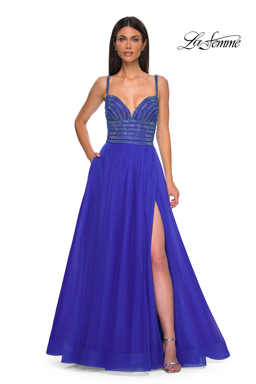 Picture of: Gorgeous Line Rhinestone Top Dress with A-line Tulle Skirt in Royal Blue, Style 32714, Detail Picture 9