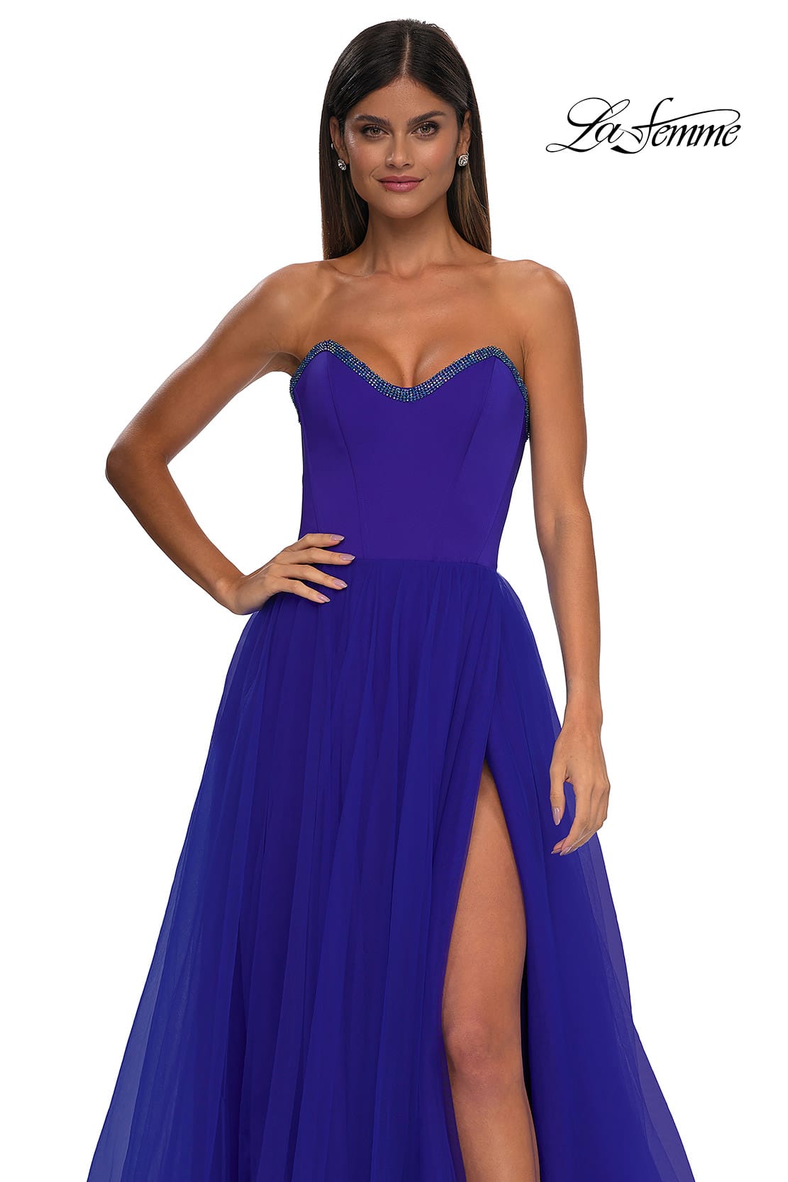 Picture of: A-line Tulle Dress with Satin Top and Rhinestone Neckline in Royal Blue, Style: 32731, Detail Picture 9