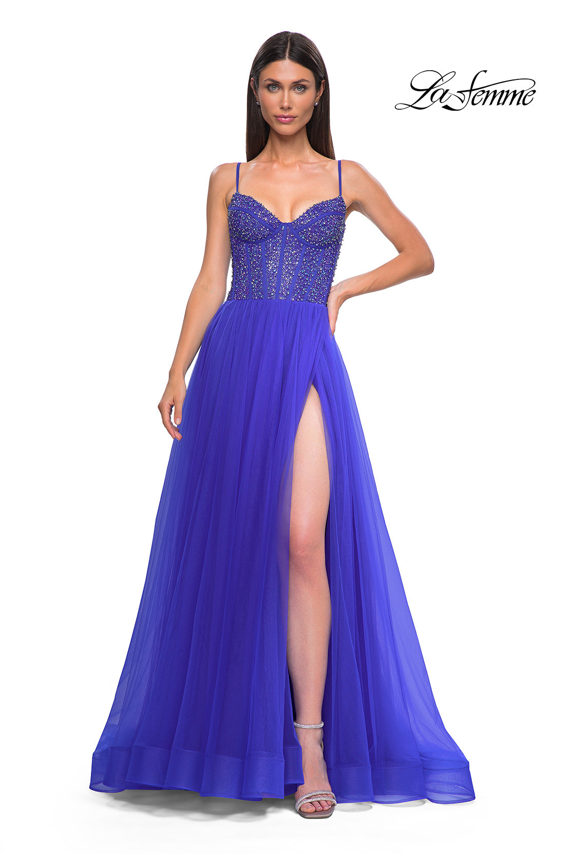 Picture of: Beautiful A-line Prom Dress with Rhinestone Encrusted Corset Top in Royal Blue, Style 32754, Detail Picture 9