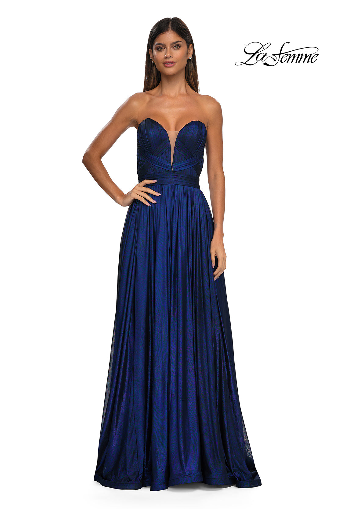 Picture of: Flowy Metallic Net Jersey Prom Dress with Intricate Ruched Bodice in Royal Blue, Style: 32899, Detail Picture 9