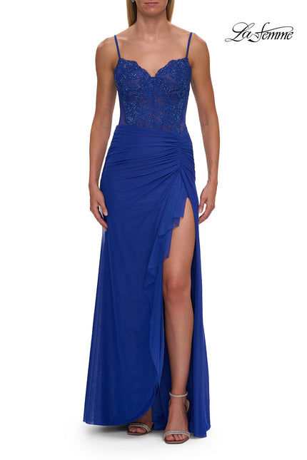 Picture of: Lace Bodice Gown with Ruched Skirt and High Slit in Royal Blue, Style: 33661, Detail Picture 9