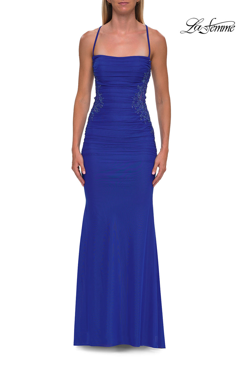 Picture of: Beaded Mesh Lace-Up Gown with Straight Neckline in Royal Blue, Style: 33678, Detail Picture 9