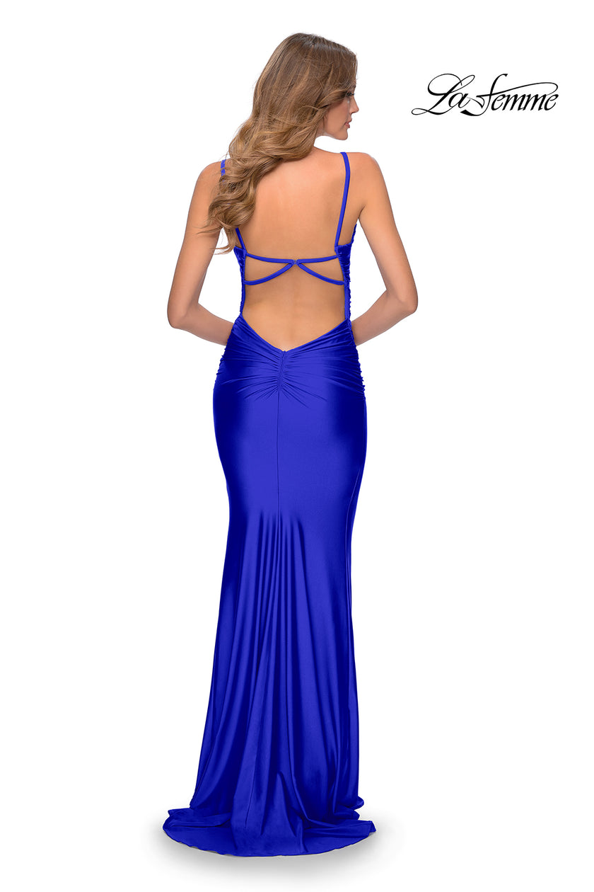 Picture of: Long Ruched Jersey Prom Dress with Thin Straps in Royal Blue, Style: 28398, Detail Picture 10