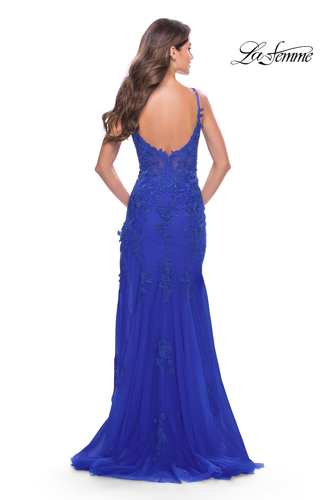 Picture of: Lace Dress with High Side Slit and V Neckline in Royal Blue, Style: 30767, Detail Picture 10