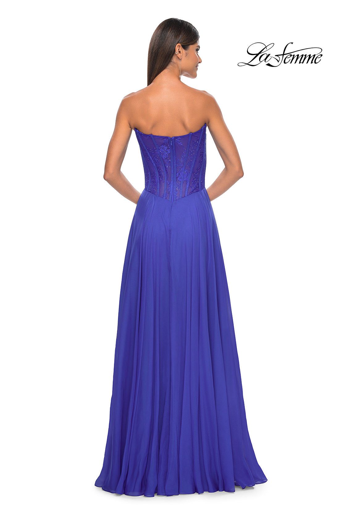 Picture of: Strapless Chiffon Prom Gown with Lace Illusion Bodice in Royal Blue, Style: 32311, Detail Picture 10