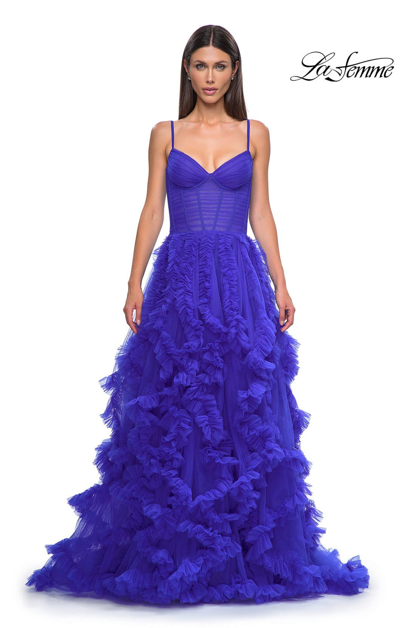 Picture of: Ruffle Tulle Dress with Unique Skirt and Illusion Corset Bodice in Royal Blue, Style 32719, Detail Picture 10