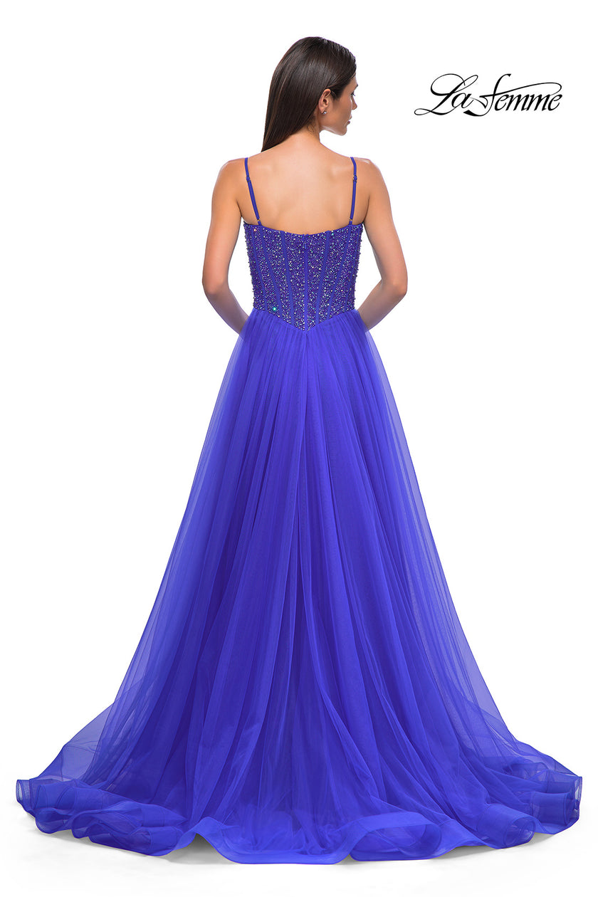 Picture of: Beautiful A-line Prom Dress with Rhinestone Encrusted Corset Top in Royal Blue, Style 32754, Detail Picture 10