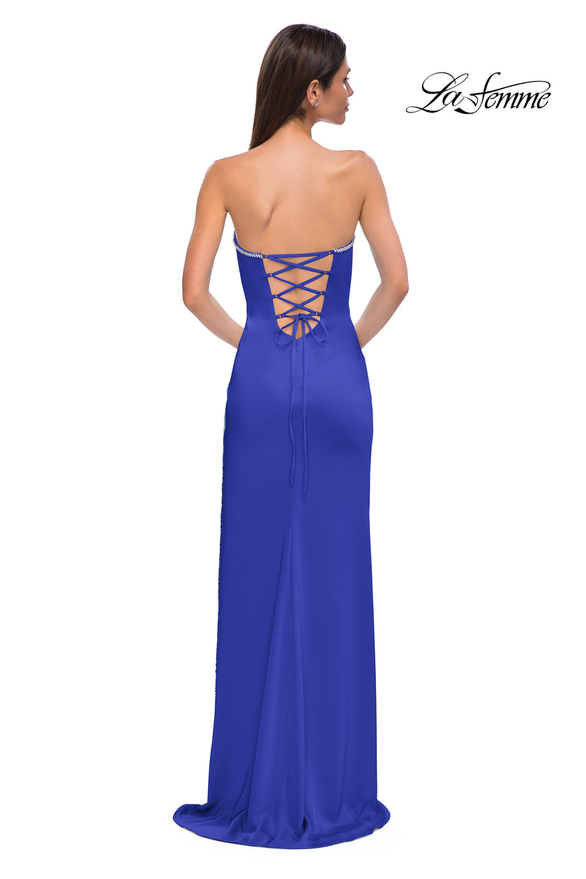 Picture of: Fitted Strapless Dress with Rhinestone Embellished Neckline and Slit in Royal Blue, Style 32799, Detail Picture 10