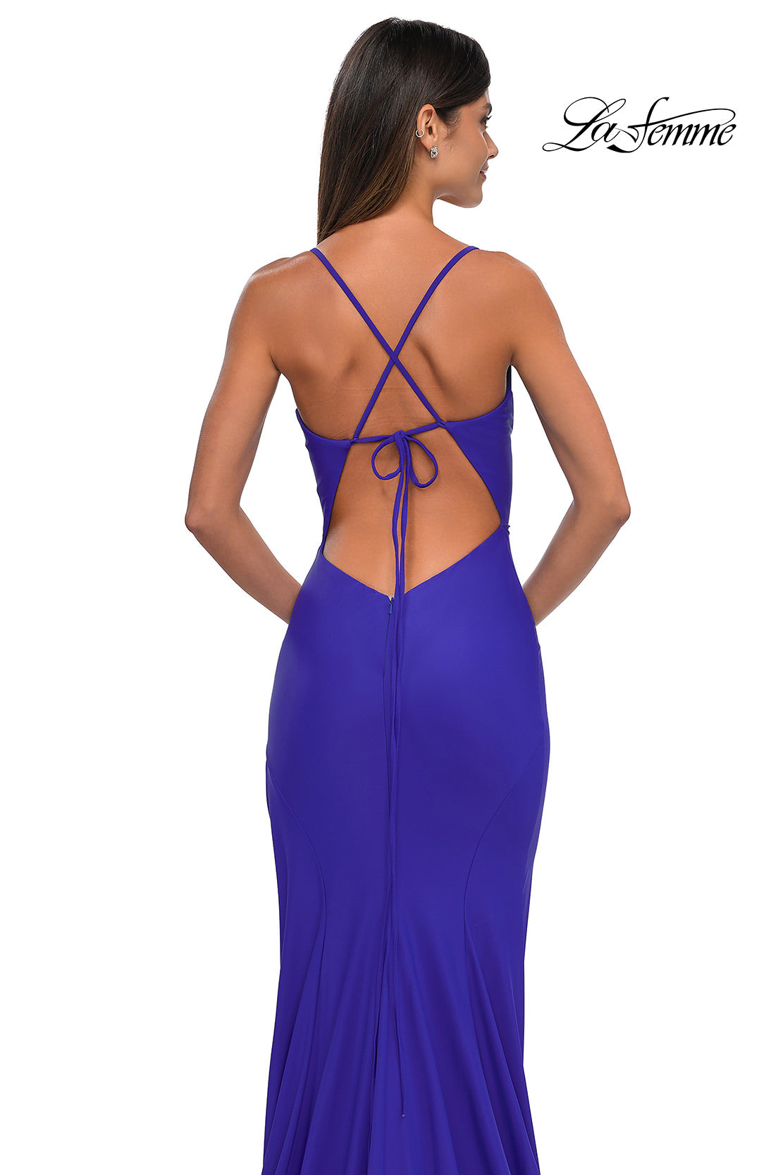 Picture of: Fitted Jersey Prom Dress with High Side Slit in Royal Blue, Style: 33080, Detail Picture 10