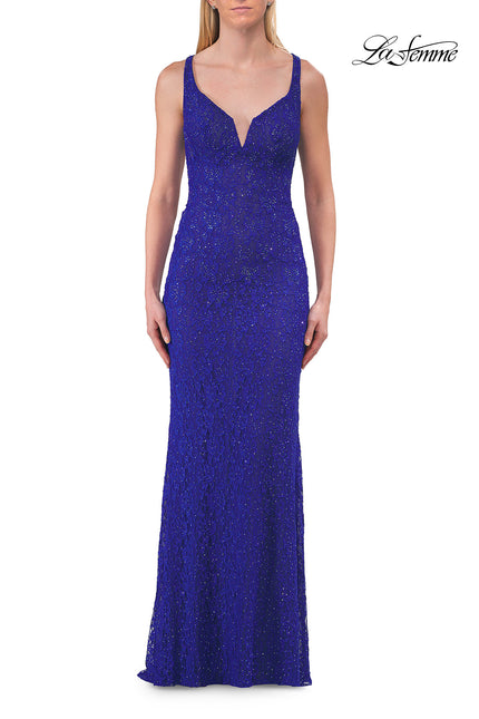 Picture of: Lace Fitted Gown with Open Lace-Up Back in Royal Blue, Style: 33519, Detail Picture 10