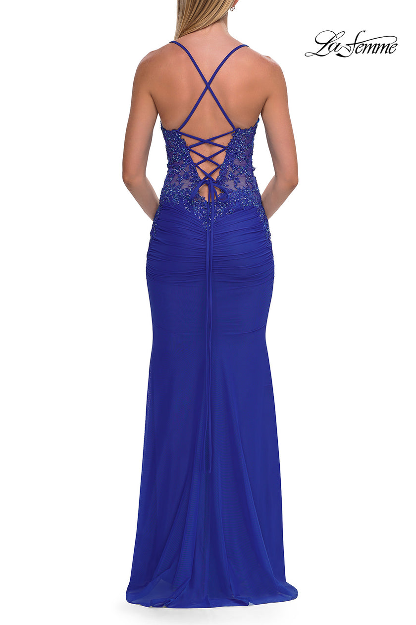 Picture of: Beaded Mesh Lace-Up Gown with Straight Neckline in Royal Blue, Style: 33678, Detail Picture 10