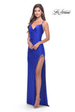 Picture of: Fringe Beaded Slit Jersey Gown with Lace Up Back in Royal Blue, Style: 31326, Detail Picture 11
