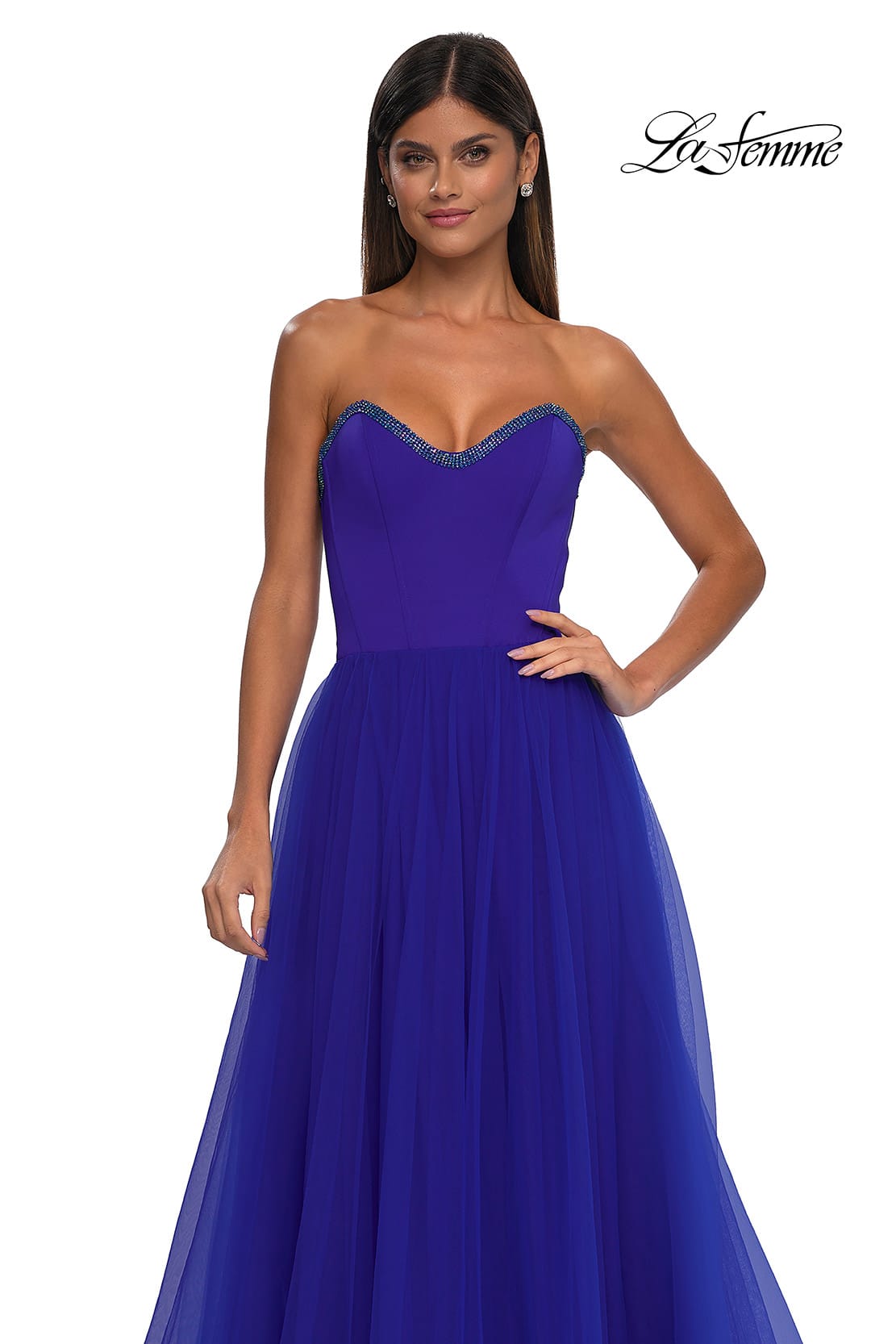 Picture of: A-line Tulle Dress with Satin Top and Rhinestone Neckline in Royal Blue, Style: 32731, Detail Picture 11