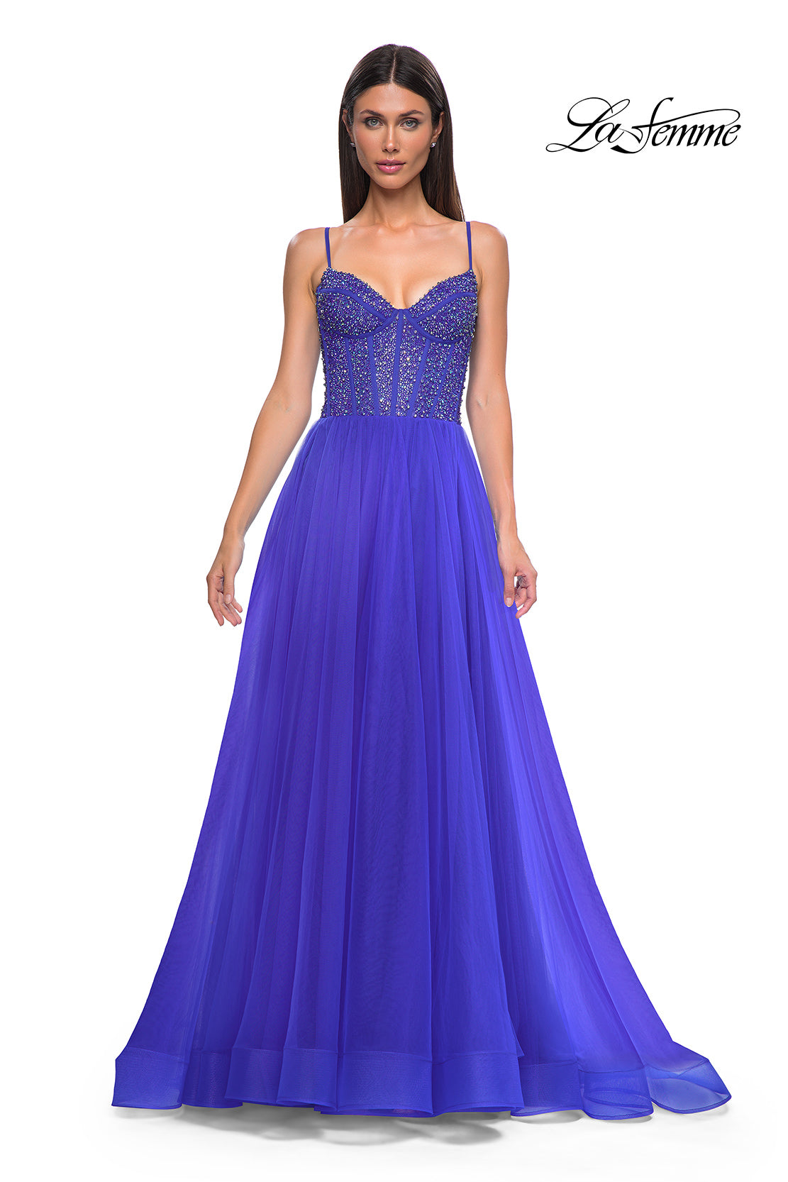 Picture of: Beautiful A-line Prom Dress with Rhinestone Encrusted Corset Top in Royal Blue, Style 32754, Detail Picture 11