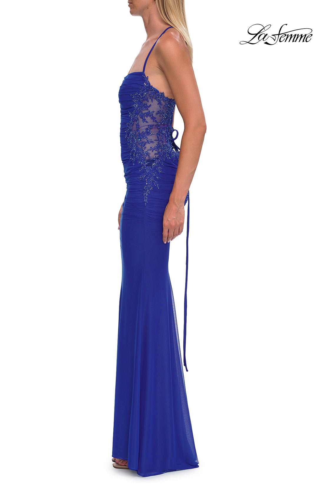 Picture of: Beaded Mesh Lace-Up Gown with Straight Neckline in Royal Blue, Style: 33678, Detail Picture 11