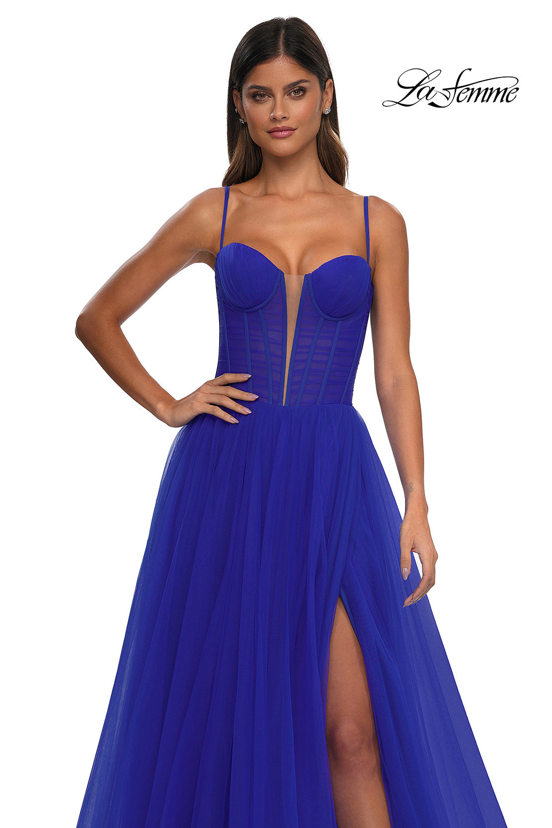 Picture of: Tulle Prom Dress with A-Line Skirt and Ruched Corset Top in Royal Blue, Style: 32700, Detail Picture 12