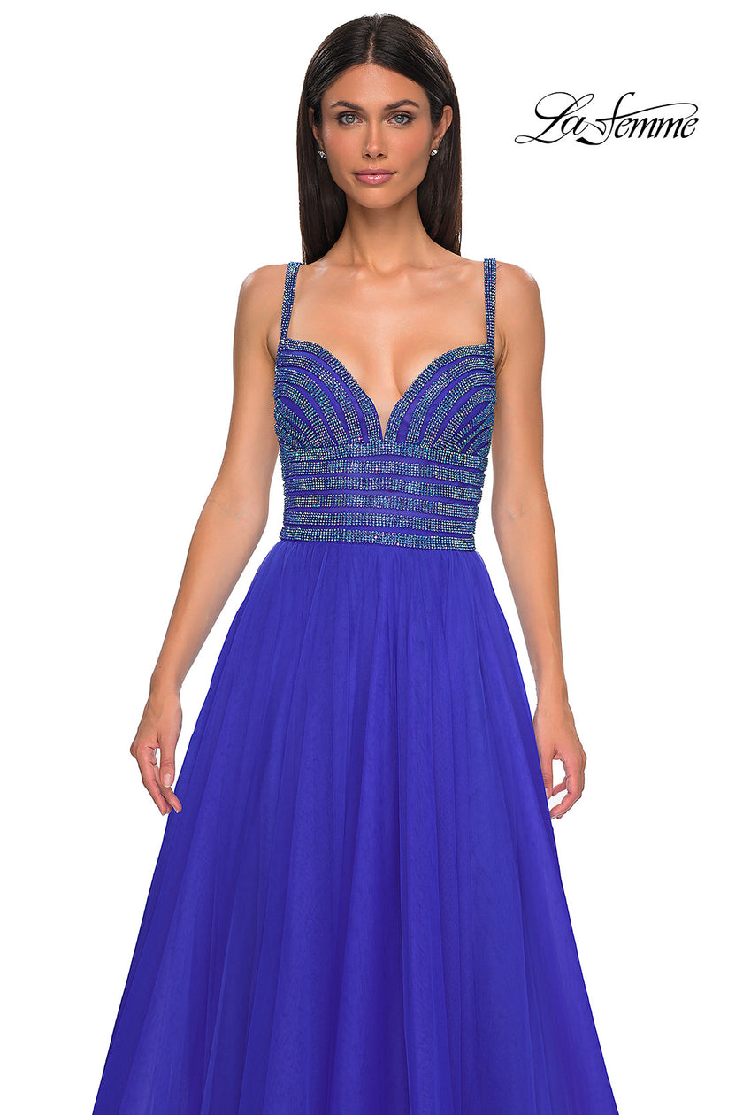 Picture of: Gorgeous Line Rhinestone Top Dress with A-line Tulle Skirt in Royal Blue, Style 32714, Detail Picture 12