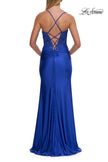 Picture of: Lace Corset Gown with High Slit and Lace-Up Back in Royal Blue, Style: 33505, Detail Picture 12