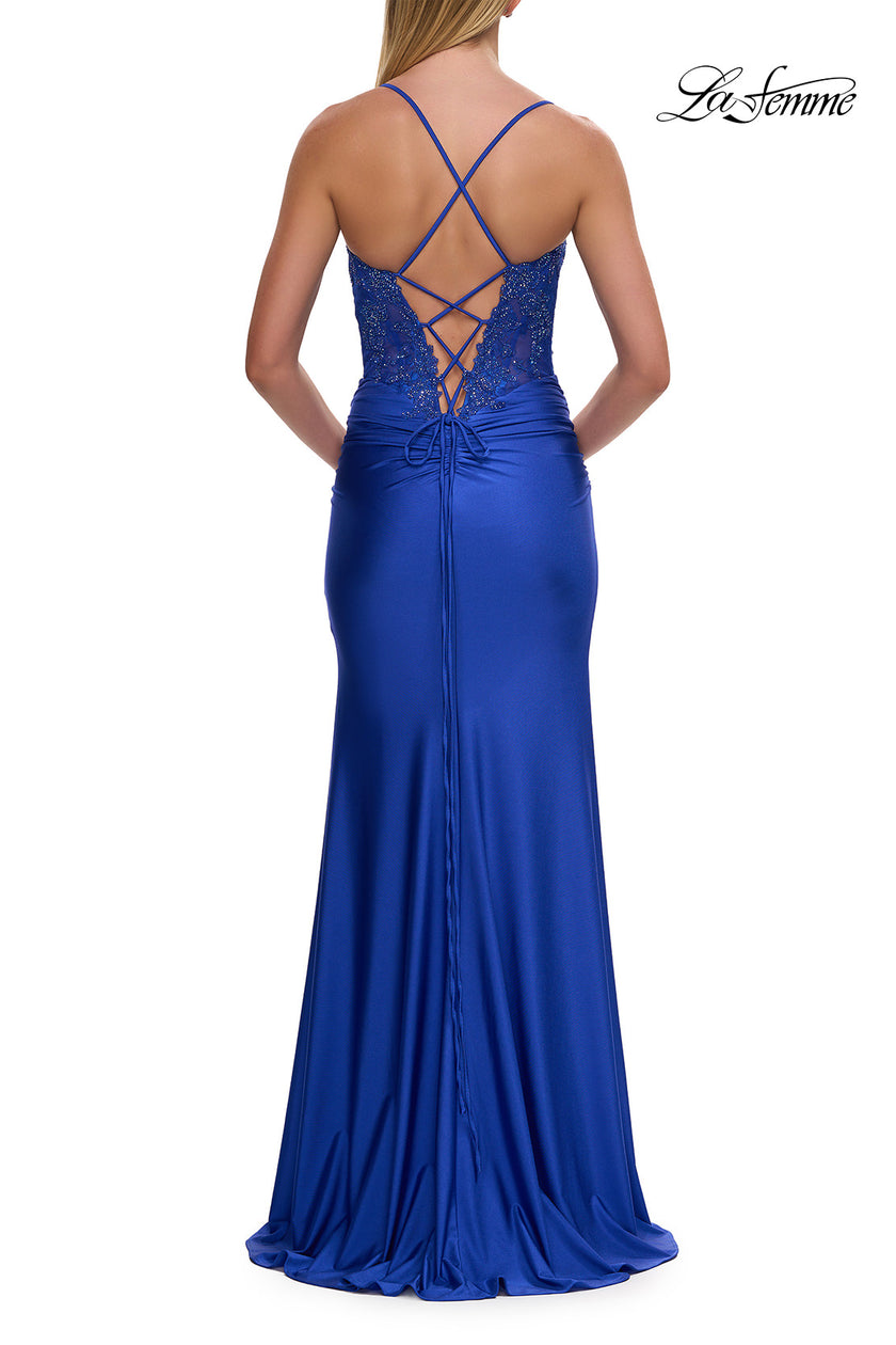 Picture of: Lace Corset Gown with High Slit and Lace-Up Back in Royal Blue, Style: 33505, Detail Picture 12