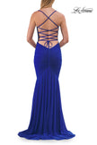 Picture of: Ruched Lace Fitted Gown with Strappy Open Back in Royal Blue, Style: 33857, Detail Picture 12
