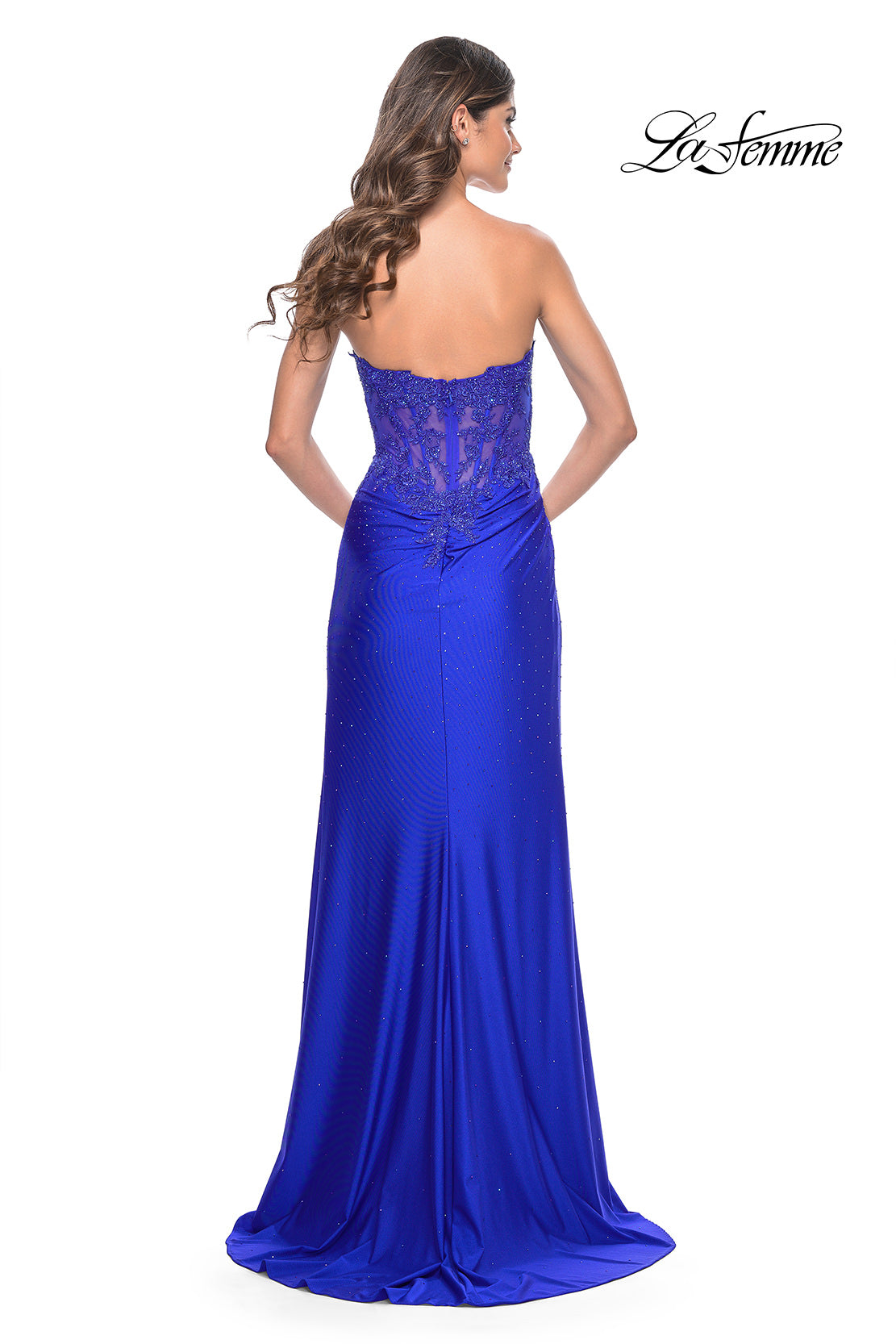 Picture of: Ruched Jersey Skirt with Lace Illusion Top and Rhinestone Prom Dress in Royal Blue, Style: 32011, Detail Picture 13