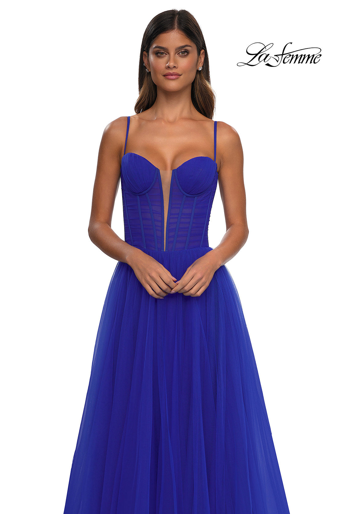 Picture of: Tulle Prom Dress with A-Line Skirt and Ruched Corset Top in Royal Blue, Style: 32700, Detail Picture 14