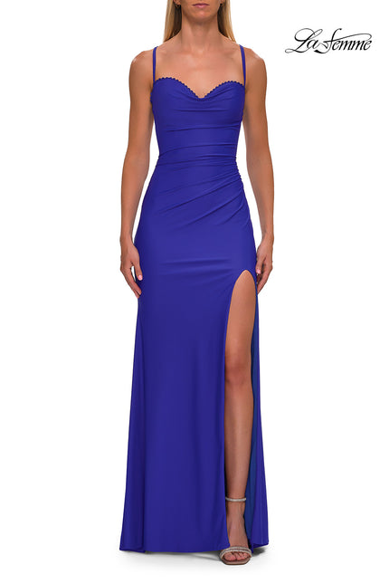 Picture of: Ruched Sweetheart Gown with Slit and Lace-Up Back in Royal Blue, Style: 33361, Detail Picture 14