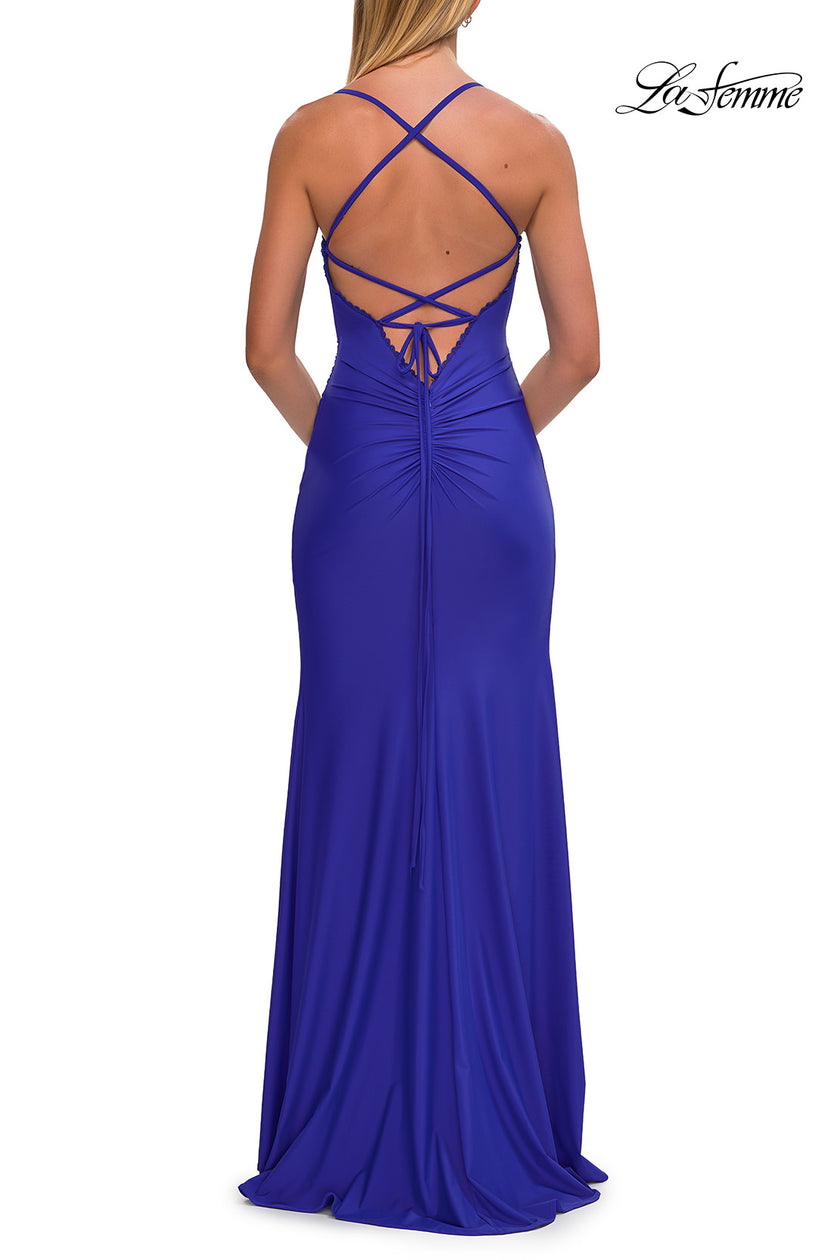 Picture of: Ruched Sweetheart Gown with Slit and Lace-Up Back in Royal Blue, Style: 33361, Detail Picture 15