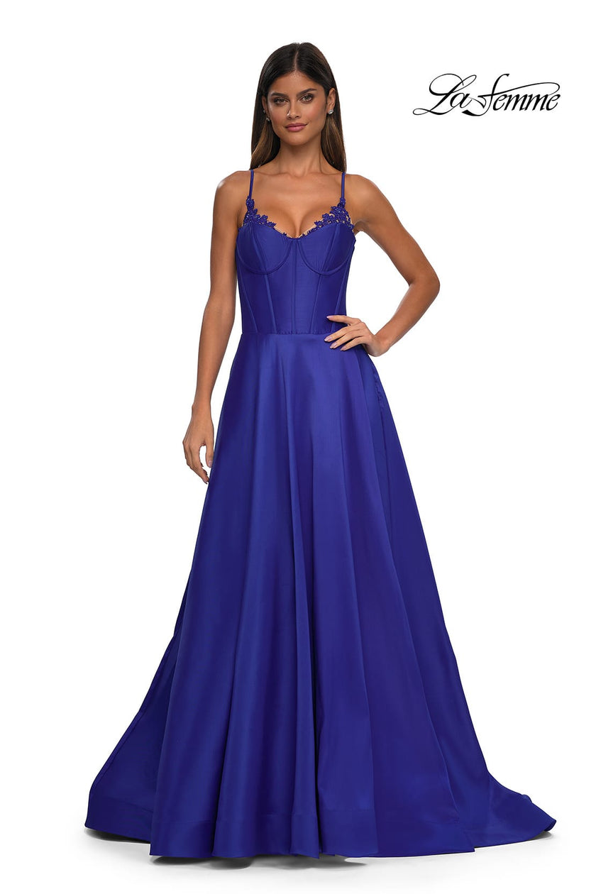 Picture of: Mikado A-line Gown with Lace Detail Neckline in Royal Blue, Style: 32878, Detail Picture 16