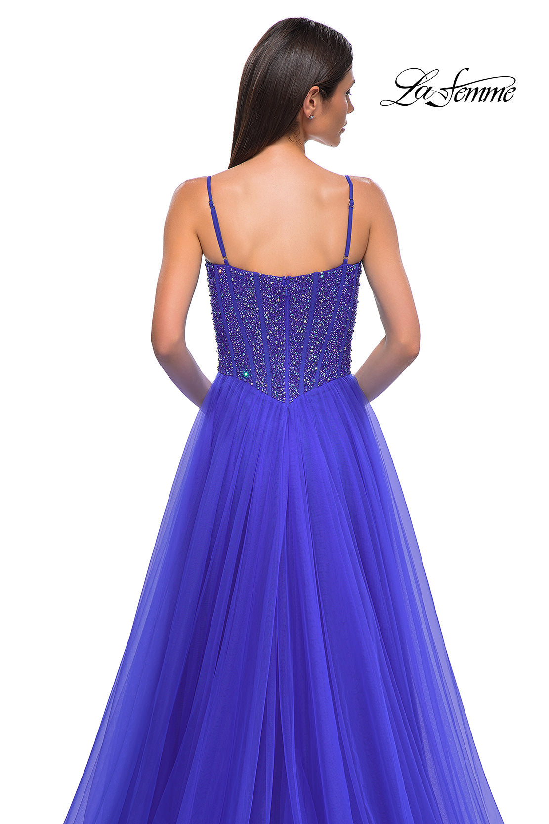Picture of: Beautiful A-line Prom Dress with Rhinestone Encrusted Corset Top in Royal Blue, Style 32754, Detail Picture 17