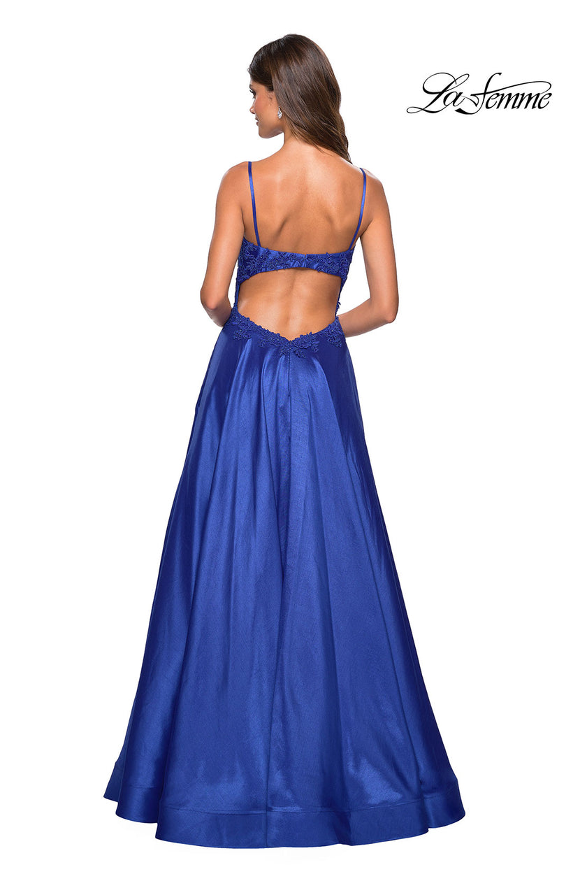 Picture of: Long Mikado Gown with Lace Bust and Open Back in Royal Blue, Style: 27222, Back Picture