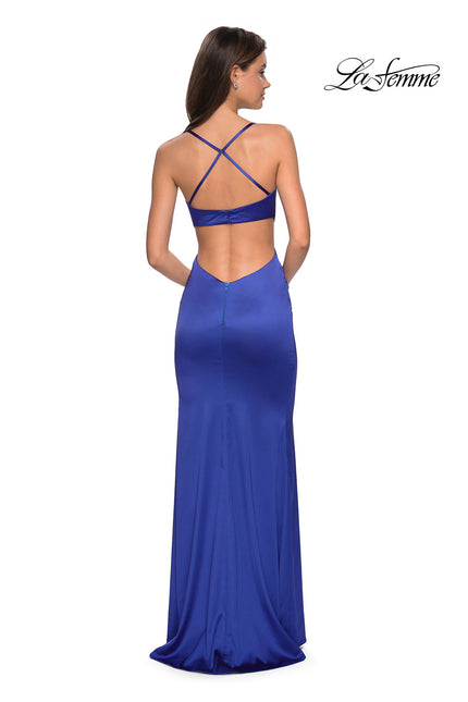Picture of: Stretch Satin Long Form Fitting Dress with Leg Slit in Royal Blue, Style: 27682, Back Picture
