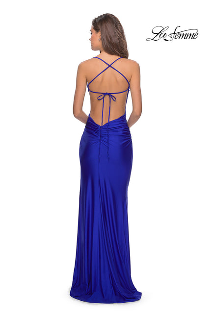 Picture of: Long Tie Up Back Jersey Prom Dress with Slit in Royal Blue, Style: 28296, Back Picture