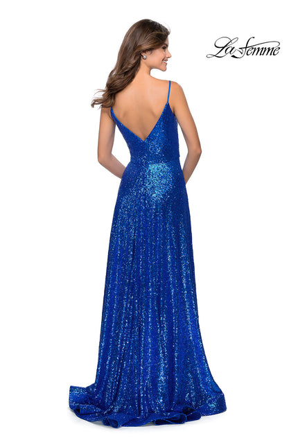 Picture of: Floor Length Sequin Dress with Faux Wrap Skirt in Royal Blue, Style: 28909, Back Picture