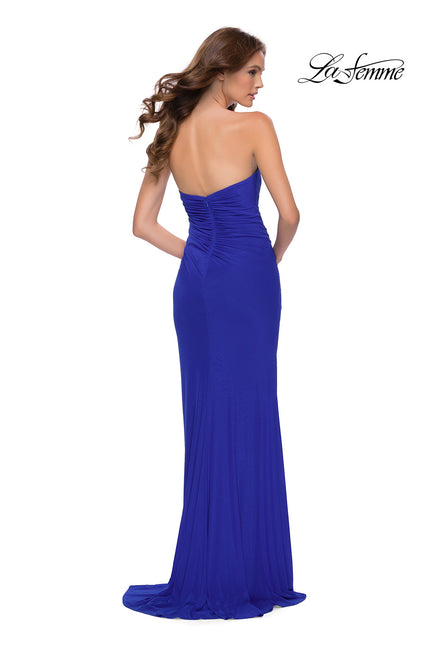 Picture of: Strapless Jersey Dress with Ruching and Skirt Slit in Royal Blue, Style 29489, Back Picture