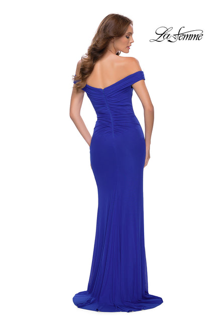 Picture of: Off the Shoulder Net Jersey Dress with Ruching in Royal Blue, Style 29756, Back Picture