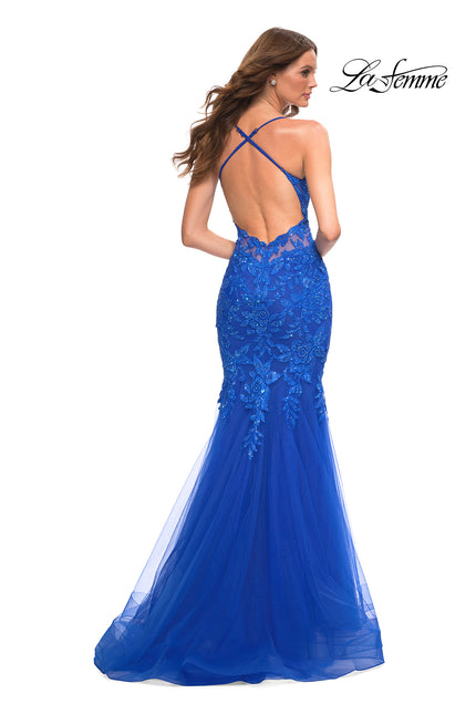 Picture of: Mermaid Tulle and Lace Jeweled Prom Dress in Royal Blue, Back Picture